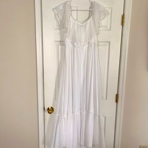 WHITE CHIFFON SWISS DOT OFF SHOULDER SHIRRED MAXI DRESS
